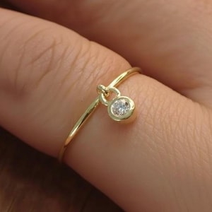0.06ctw Round Cut Diamond Dangle Ring / 14k Yellow Gold Thin Ring / Stacking Diamond Ring / Lovely Gifts for Anyone / Anniversary Gift