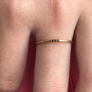 3 Stones Black Diamond Anniversary Ring, Three Stones Stackable Black Diamond Ring, 14k Solid Gold Thin Dainty Ring