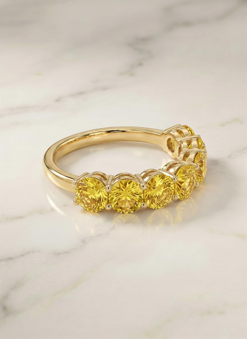 Yellow Sapphire Wedding Band 3.50ctw 7 Stone Anniversary Ring Yellow Gemstone Eternity Band September Birthstone image 2
