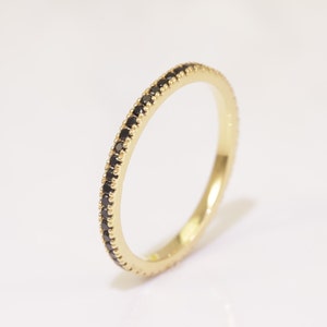 Micro Pave Black Diamond Eternity Band, 14K Solid Gold Black Diamond Wedding Band, 1.2mm Stackable Band