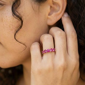 Pink Tourmaline Wedding Band 3.50ctw Round Cut 7 Stone Anniversary Ring Pink Gemstone Eternity Band October Birthstone image 12