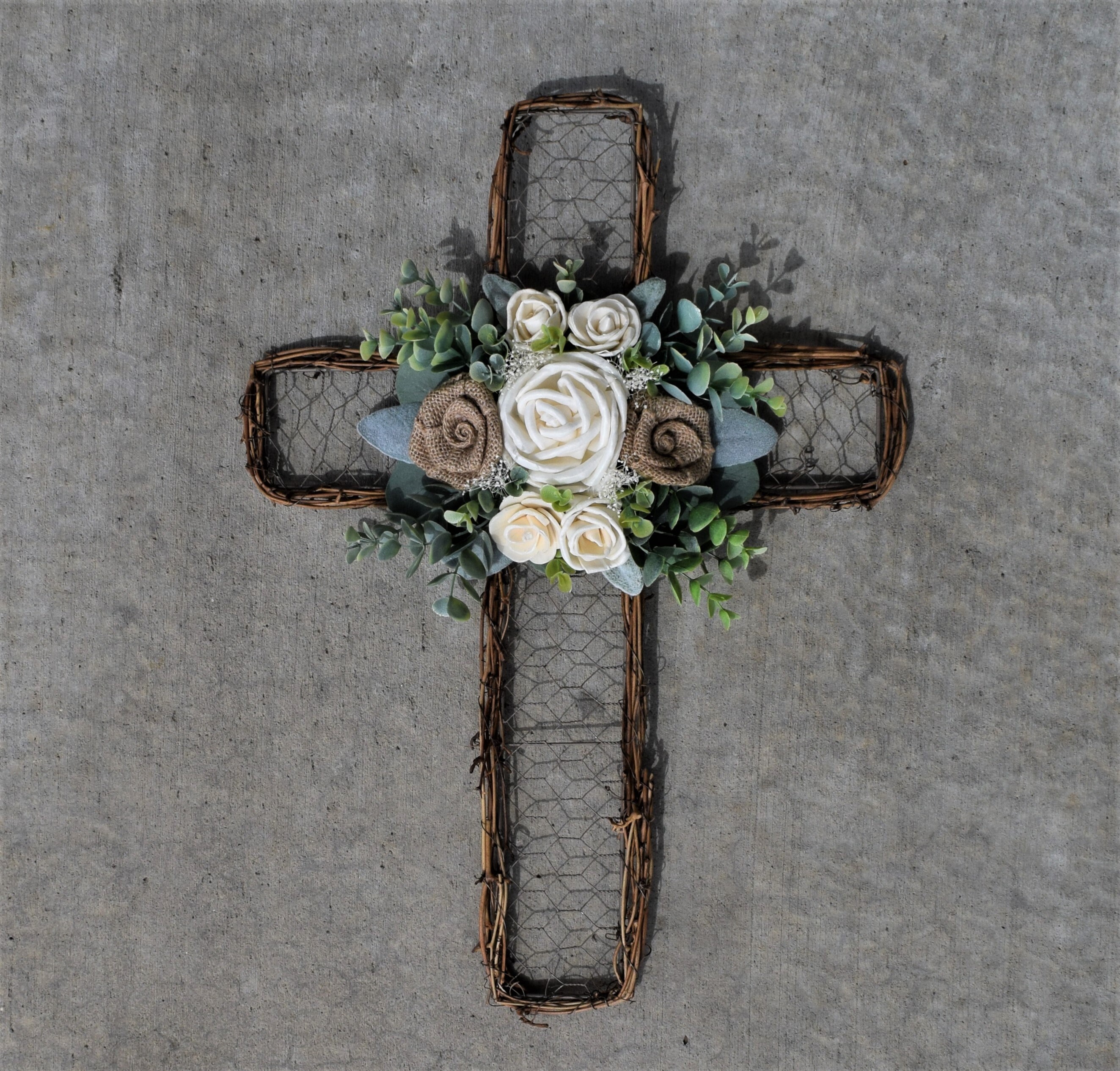Grapevine Chicken Wire Cross. Burlap Natural Wood Flowers Etsy