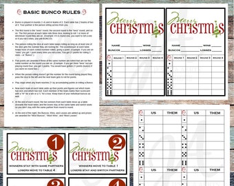 May include: A printable Christmas Bunco game with instructions, scorecards, and table assignments. The game features a festive Christmas theme with red and green colours and a Christmas tree graphic.