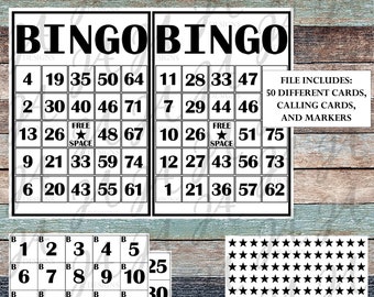 May include: Two black and white bingo cards with numbers 1 to 75. The cards are on a wooden background. The text "FILE INCLUDES: 50 DIFFERENT CARDS, CALLING CARDS, AND MARKERS" is on the right side of the image. Below the cards are two sets of bingo numbers 1 to 40 and a sheet of black stars.