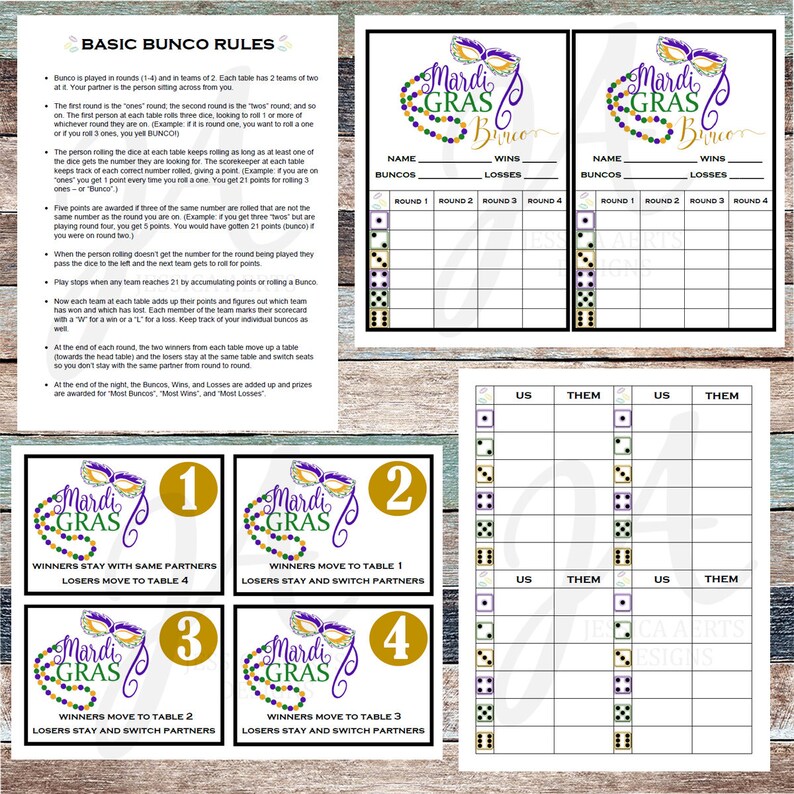 Mardi Gras Printable Bunco Playing cards image regarding Bunco Rules Printable named Mardi Gras Printable Bunco Playing cards