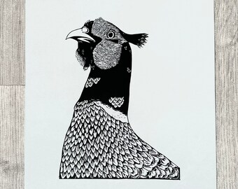 Mr. Pheasant linocut print | handmade | British birds | British wildlife art | wall decor