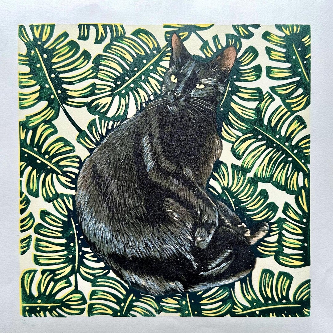 Black Cat 'leafy Lounger' Reduction Linocut Print - Etsy