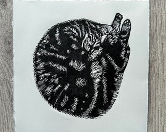 Quiet Catnap Linocut print | cat print | handmade |