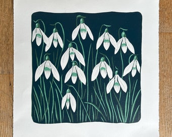 Snowdrops Linoprint. Limited edition, hand printed reduction print.