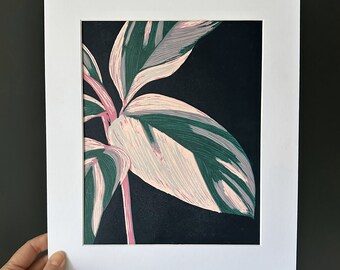 Stromanthe Triostar linocut print | botanical print | plant lovers | home decor | wall art | reduction print