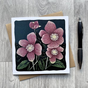 de voeux hellébores | Carte de voeux simple carrée avec enveloppe marron recyclée (vierge à l'intérieur)