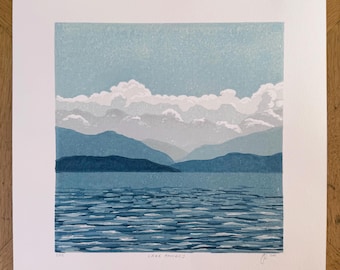 Limited Edition Reduction Linocut Print “Lake Annecy”