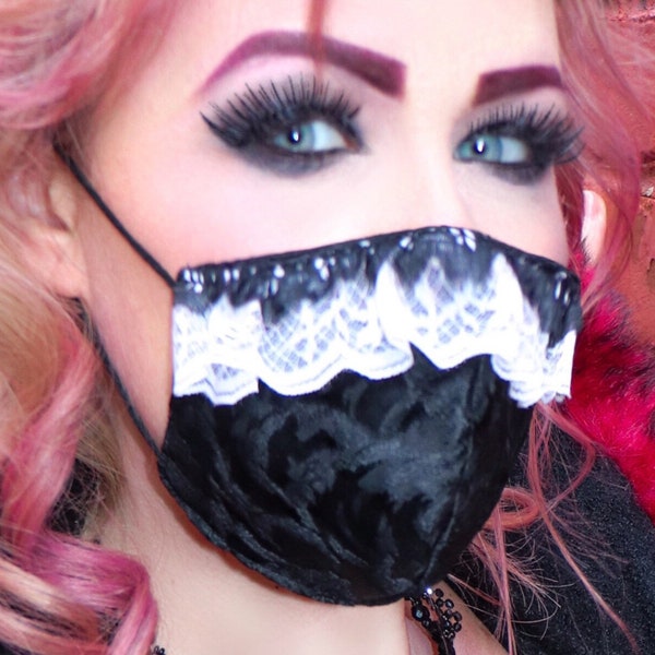 Lolita- Black Brocade with Black & White Lace Trim Mask - With Nose Bridge