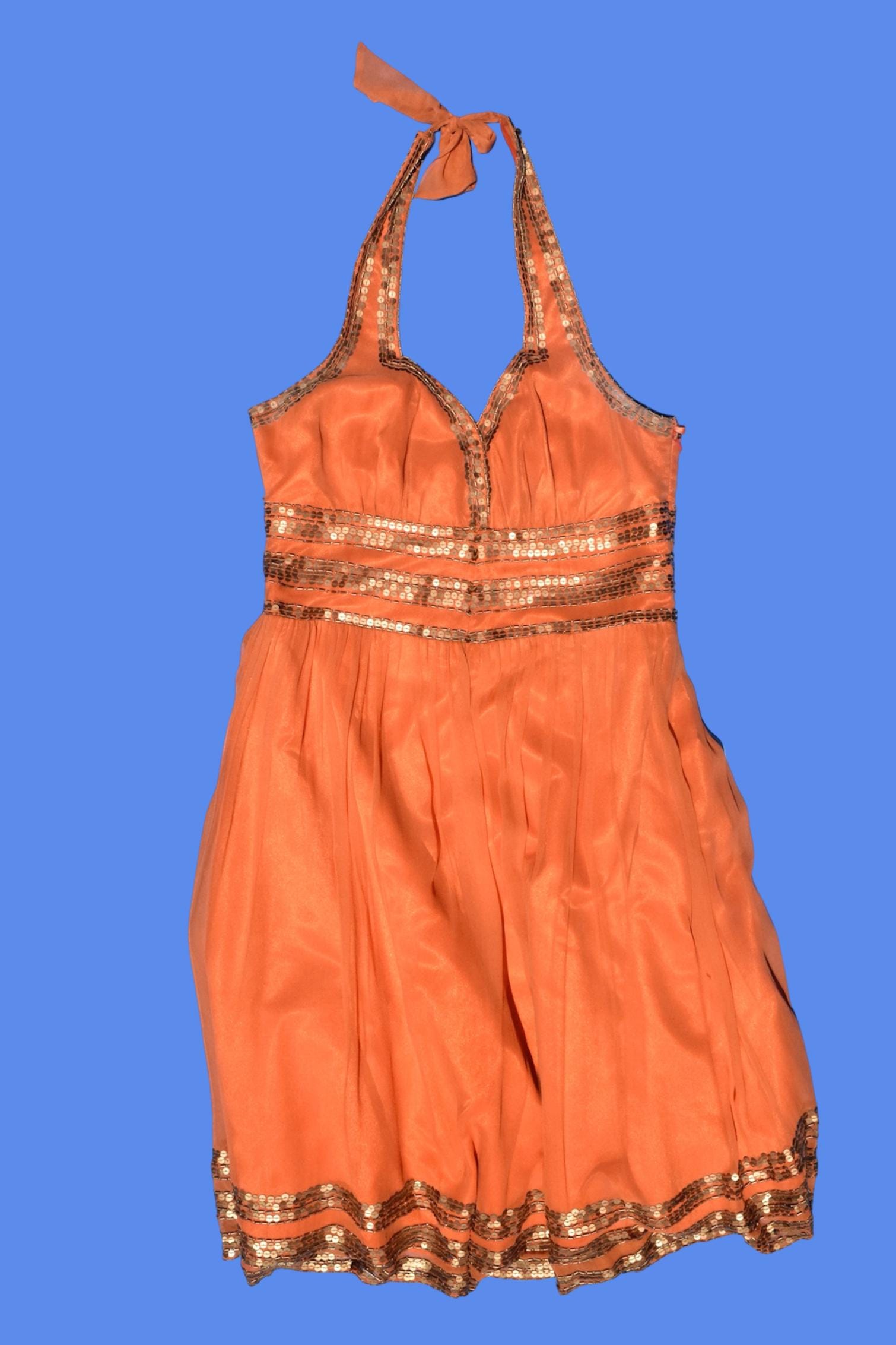 2000s Orange Silk Sequin Halter Dress