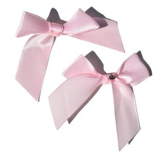 Peut inclure: Deux nœuds en satin rose clair avec de longues queues. Chaque nœud est orné d'un petit bijou décoratif au centre. Les nœuds sont disposés sur un fond blanc, projetant des ombres.
