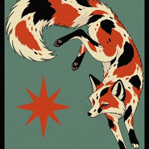 May include: A digital illustration of a fox with a calico-style coat featuring patches of orange, black, and cream fur. The fox is depicted in a leaping pose against a muted teal background, accompanied by a single, sharp-edged orange star icon.