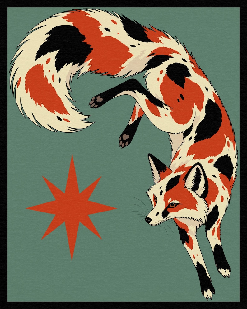May include: A digital illustration of a fox with a calico-style coat featuring patches of orange, black, and cream fur. The fox is depicted in a leaping pose against a muted teal background, accompanied by a single, sharp-edged orange star icon.