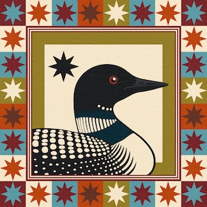 May include: A square, decorative image featuring a stylized illustration of a loon bird. The bird has a black head, white and black speckled body, and a red eye. The image is framed with a border of stars in various colours.