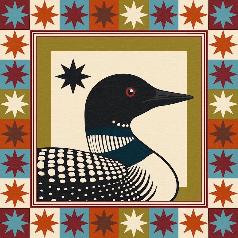 May include: A square, decorative image featuring a stylized illustration of a loon bird. The bird has a black head, white and black speckled body, and a red eye. The image is framed with a border of stars in various colours.