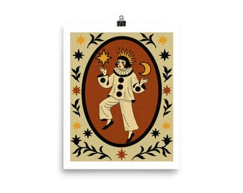 8x10 Vintage Pierrot Clown Art Print | Celestial Sun and Moon Wall Decor
