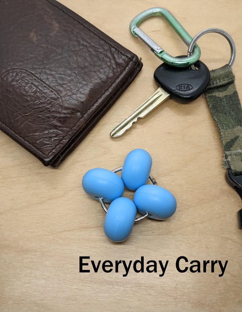 Puede incluir: Una cartera de cuero marr&oacute;n, una llave con un llavero Kia negro, un mosquet&oacute;n verde, un cord&oacute;n de camuflaje y un juguete fidget azul sobre una superficie de madera. El texto "Everyday Carry" est&aacute; escrito debajo de los objetos.