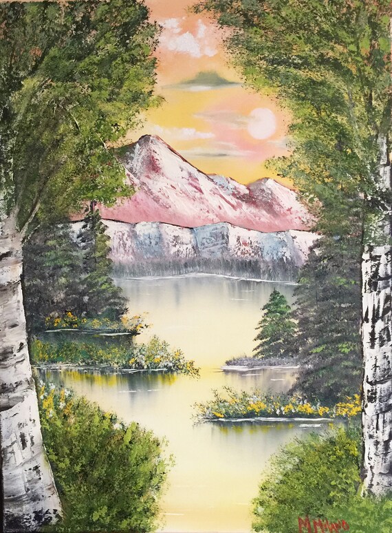 Bob Ross Style Birch Tree Mountain Wilderness Landscape Oil Image 0