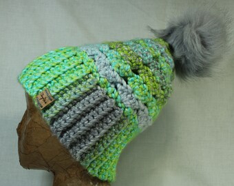 Green Winter Hat Handmade Knit Warm Winter Accessory Crochet Beanie with Snap On Removable Grey Faux Fur Pom Pom