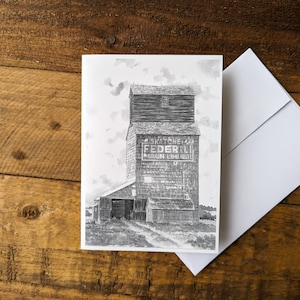 Carte d'élévateur à grains | Saskatchewan | Paysage des Prairies | Régions rurales de l'Alberta, du Manitoba et de la Saskatchewan | Illustrations à la plume et à l’encre | Carte imprimée
