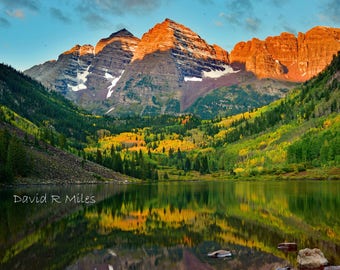 Maroon Bells Fall Sunrise Lake Reflection Photography Print, Landscape Fine Art, Colorado Home Decor, "Fall is in the Air"