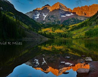 Maroon Bells Fall Sunrise Lake Reflection Photography Print, Landscape Fine Art, Colorado Home Decor, "The Majestic"