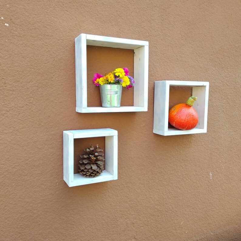 Square Floating Wooden Shelves, Set of Three Antique White Shelves