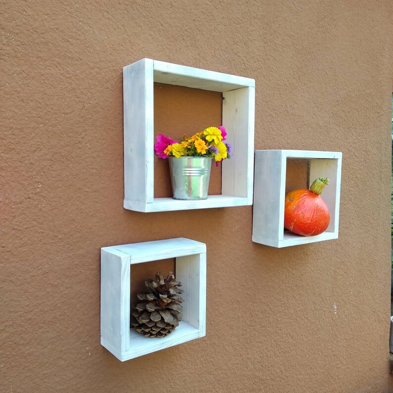 Square Floating Wooden Shelves, Set of Three Antique White Shelves