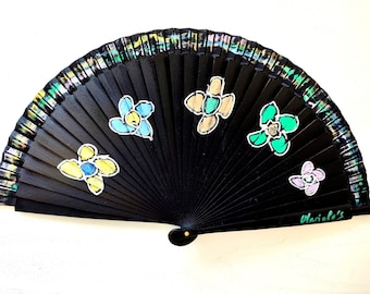 Spanish Fan, hand painted, Blue Flowers series, Ecological Product, includes gift case. Can be customized