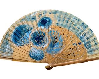 Spanish Fan, hand painted, Blue Flowers series, Ecological Product, includes gift case. Can be customized