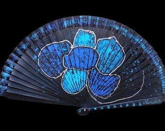 HANDPAINTED FAN Ecological Product Series "Blue Flowers" includes organza gift cover. can be customized