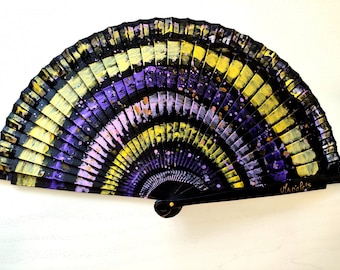 Spanish Fan, hand painted, Fiesta series, Yellow and Purple, Ecological Product, includes gift case. Can be customized