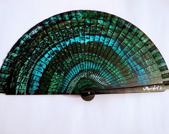 HAND PAINTED FAN, green and turquoise Ecological Product Series "Green Perseid Rain" includes gift case can be personalized