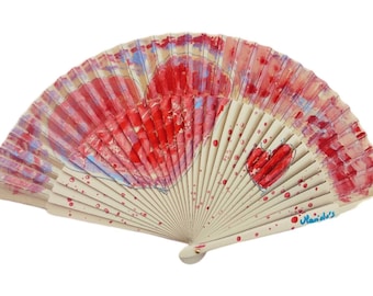 HAND PAINTED FAN Ecological Product "Red Hearts" Series, includes gift bag. Can be customized