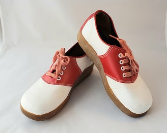 red and white saddle shoes