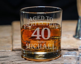 Aged to Perfection Round Scotch Glass, Whiskey Gift for Dad, Personalized Whiskey Glasses, Birthday Gift for Him, Personalized Gift for Men