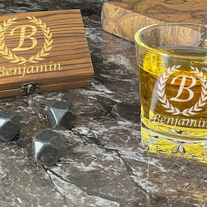 Personalized Whiskey Stones Set: Engraved Diamond Stones, Wood Box, Glass
