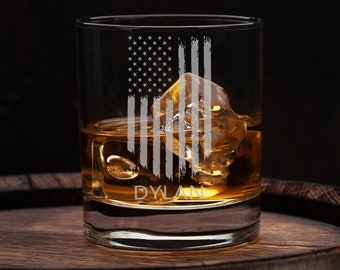 Etched American Flag Whiskey Glass - Personalized Bourbon Gift