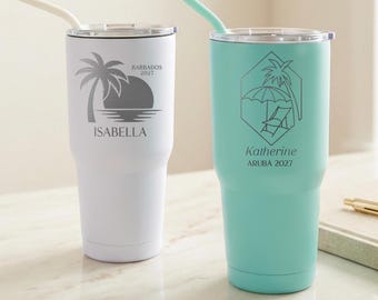 Beach Tumbler, Custom Engraved 30 oz Stainless Steel Cup with Straw