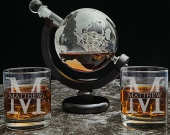 World Map Decanter with Round Whiskey Glasses, Man Cave Gift, Barware Collection Gift, Globe Decanter Set, Whiskey Decanter with ship