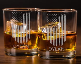 American Flag Bourbon Set of 2 Gift, Etched Monogram Whiskey GlasS, Engraved Gift for Dad, Patriotic Gift, Scotch Glass, Man Cave Gift Idea