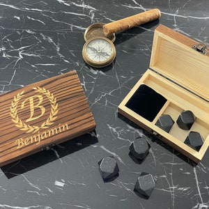 Personalized Whiskey Stones Set: Diamond Chilling Rocks in Wood Box