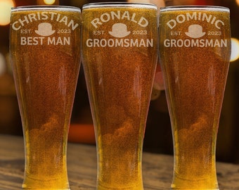 Personalized Pilsner Glasses, Personalized Glasses 23 oz, Groomsmen Gift, Engraved Beer Glasses, Custom Beer Glass, Cool Hat Style