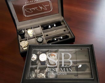 Personalized Watch Box for Men – Custom Groomsmen Gift, Black Leatherette Case