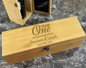 Engraved Wood Wine Box Gift Set: 1st Anniversary Keepsake