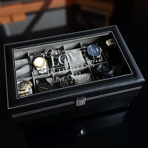 Personalized 12-Slot Watch Display Box | Black Leather Organizer with Glass Top
